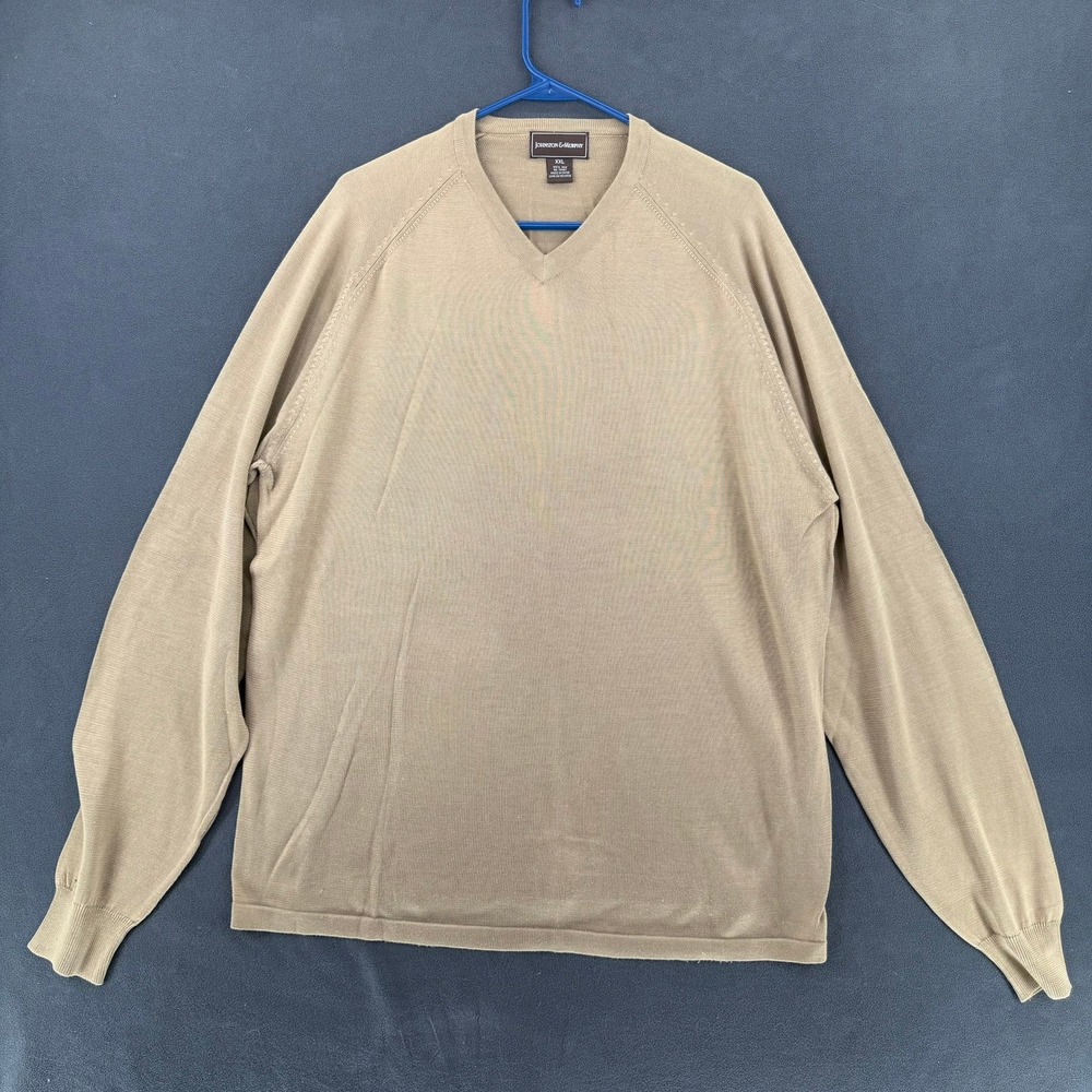 Johnston & Murphy Men XXL Beige Tan V-Neck Fine Knit Pullover Sweater 100% Silk